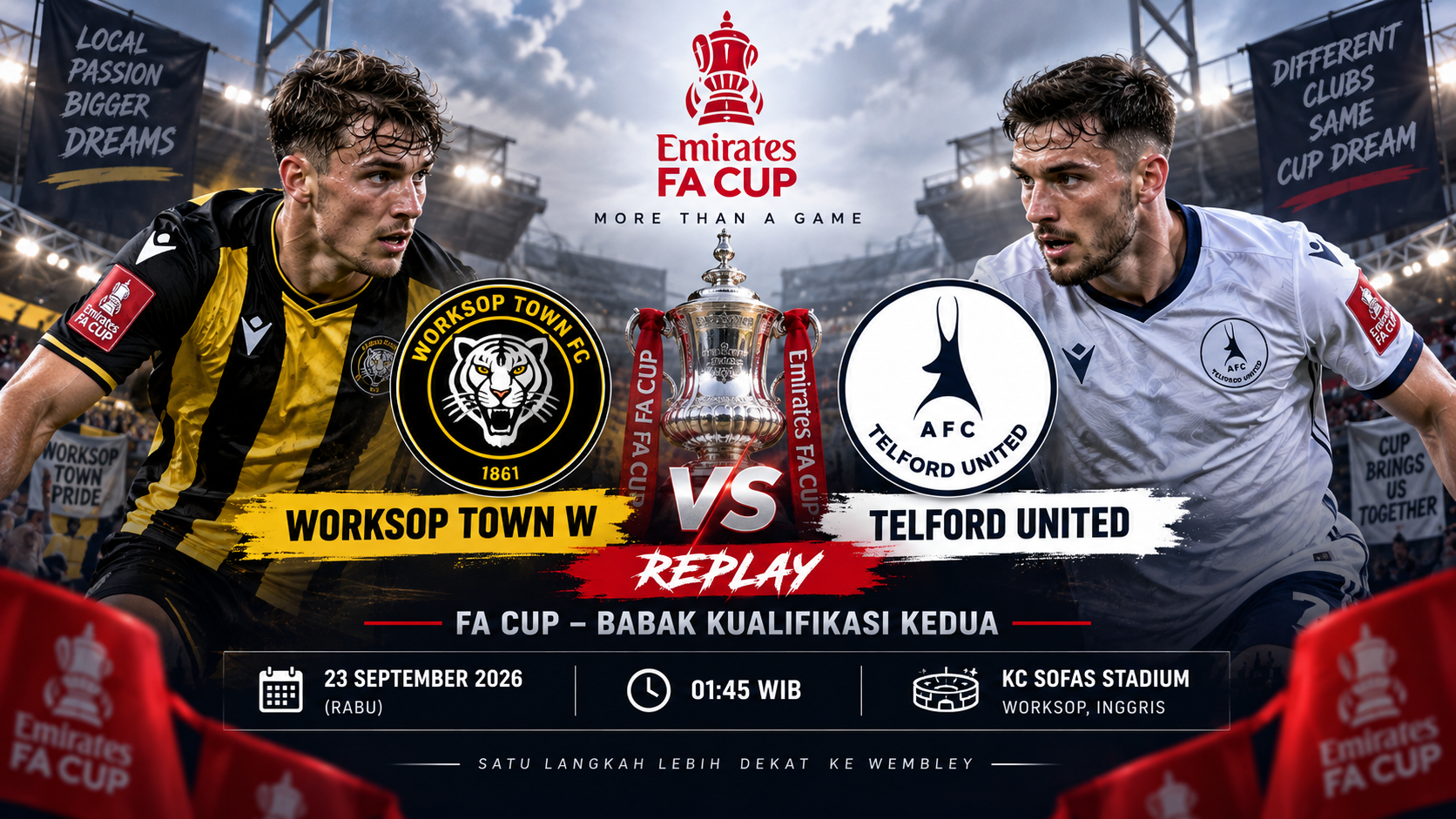 Worksop Town vs Telford United FA Cup Malam Ini, Tigoals Bahas Laga Replay Perebutan Tiket ke Babak Berikutnya